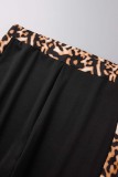 Black Casual Print Leopard Patchwork O Neck Plus Size Two Pieces