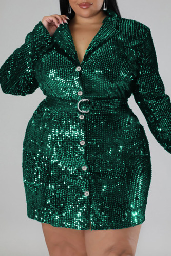 Green Sexy Solid Sequins Patchwork Buckle Turndown Collar Straight Plus Size Dresses