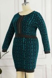 Green Casual Print Patchwork O Neck Long Sleeve Plus Size Dresses