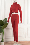 Red Casual Solid Basic Turtleneck Long Sleeve Two Pieces