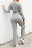Grey Casual Solid Patchwork Frenulum O Neck Long Sleeve Two Pieces