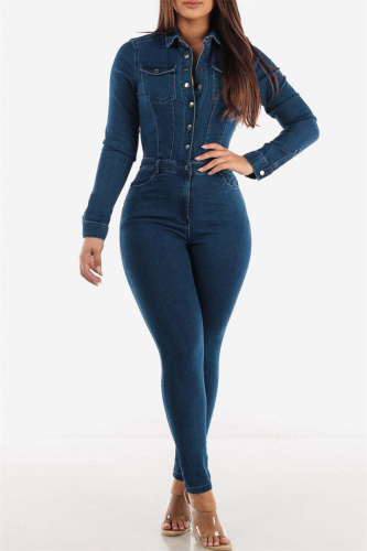 Royal Blue Casual Solid Patchwork Turndown Collar Long Sleeve Skinny Denim Jumpsuits