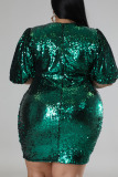 Green Casual Solid Sequins Patchwork O Neck One Step Skirt Plus Size Dresses