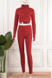 Red Casual Solid Basic Turtleneck Long Sleeve Two Pieces