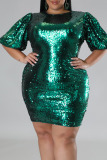 Black Casual Solid Sequins Patchwork O Neck One Step Skirt Plus Size Dresses