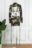 Camouflage Sexy Casual Camouflage Print Hollowed Out Frenulum Backless Turndown Collar Long Sleeve Two Pieces