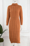 Light Brown Casual Solid Patchwork Turtleneck Straight Dresses(Without Belt)