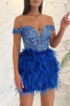 Blue Sexy Solid Sequins Patchwork Feathers Off the Shoulder One Step Skirt Dresses