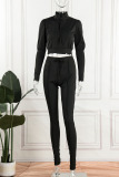 Black Casual Solid Patchwork Zipper Turndown Collar Long Sleeve Two Pieces