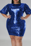 Red Casual Solid Sequins Patchwork O Neck One Step Skirt Plus Size Dresses