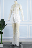 White Sexy Casual Embroidery Patchwork See-through V Neck Long Sleeve Two Pieces