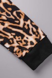 Black Casual Print Leopard Patchwork O Neck Plus Size Two Pieces