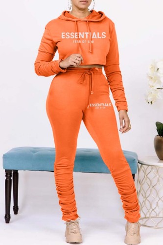 Orange Casual Letter Print Patchwork Fold Hooded Collar Long Sleeve Two Pieces