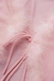 Pink Sexy Casual Solid Patchwork Frenulum Feathers V Neck Long Sleeve Two Pieces