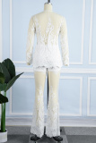 White Sexy Casual Embroidery Patchwork See-through V Neck Long Sleeve Two Pieces