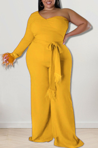 Tangerine Red Casual Solid Patchwork Oblique Collar Plus Size Jumpsuits