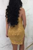 Gold Sexy Solid Patchwork Backless Slit Strapless Sleeveless Dress