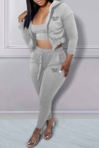 Grey Sexy Print Letter Hooded Collar Three Pieces