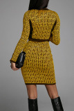 Yellow Casual Print Patchwork Buttons O Neck One Step Skirt Dresses