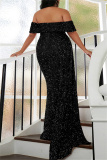 Black Sexy Patchwork Sequins Backless Slit Off the Shoulder Evening Dress Plus Size Dresses