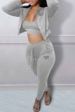 Grey Sexy Print Letter Hooded Collar Three Pieces