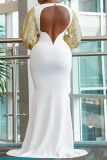 White Sexy Formal Solid Sequins Patchwork Backless O Neck Long Sleeve Dresses
