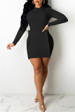 Black Casual Solid Patchwork Turtleneck Long Sleeve Dresses