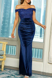 Blue Sexy Patchwork Sequins Backless Off the Shoulder Evening Dress Dresses