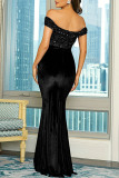 Black Sexy Patchwork Sequins Backless Off the Shoulder Evening Dress Dresses