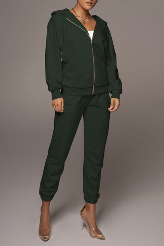 Army Green Casual Street Solid Patchwork Zipper Hooded Collar Long Sleeve Two Pieces