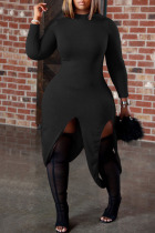 Black Casual Solid Patchwork Asymmetrical Half A Turtleneck Irregular Dress Dresses