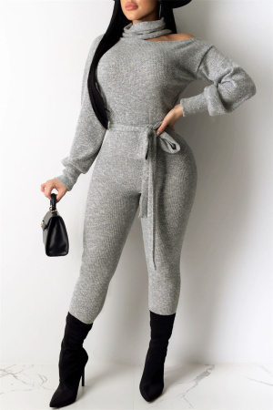 Grey Casual Solid Hollowed Out Turtleneck Skinny Jumpsuits