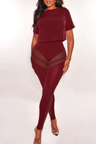 Burgundy Casual Sportswear Solid Patchwork O Neck Short Sleeve Two Pieces