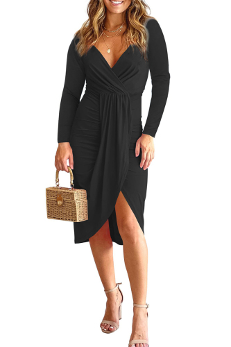 Black Fashion Casual Patchwork V Neck Long Sleeve Dresses