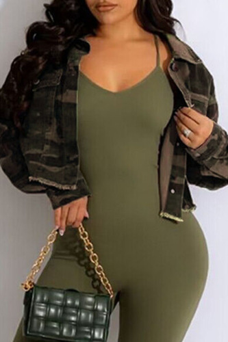 Army Green Casual Print Camouflage Print Patchwork Buckle Turndown Collar Long Sleeve Straight Denim Jacket