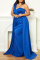 Blue Sexy Formal Solid Patchwork Backless One Shoulder Evening Dress Plus Size Dresses