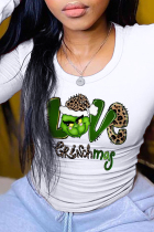 White Street Vintage Print Letter O Neck Tops