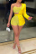 Yellow Sexy Patchwork Hot Drilling See-through Backless One Shoulder Long Sleeve Two Pieces
