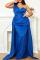 Blue Sexy Formal Solid Patchwork Backless One Shoulder Evening Dress Plus Size Dresses