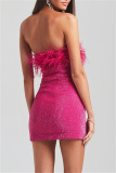 Deep Pink Sexy Patchwork Sequins Feathers Backless Strapless Sleeveless Dress Dresses