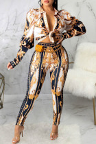 Deep Blue Casual Print Patchwork Turndown Collar Long Sleeve Two Pieces