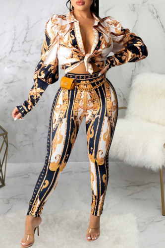 Deep Blue Casual Print Patchwork Turndown Collar Long Sleeve Two Pieces