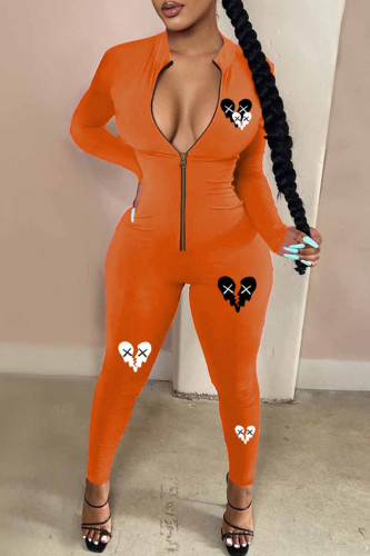 Orange Street Print Patchwork Zipper Collar Jumpsuits