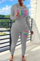 Grey Street Print Letter Hooded Collar Long Sleeve Two Pieces