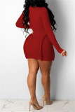 Red Casual Solid Patchwork Turtleneck Long Sleeve Dresses