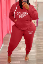 Red Street Print Draw String Letter Hooded Collar Plus Size Two Pieces