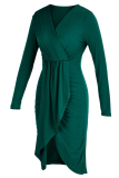 Green Fashion Casual Patchwork V Neck Long Sleeve Dresses