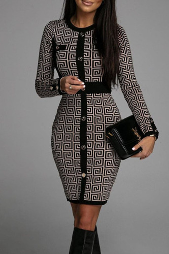 Black Casual Print Patchwork Buttons O Neck One Step Skirt Dresses