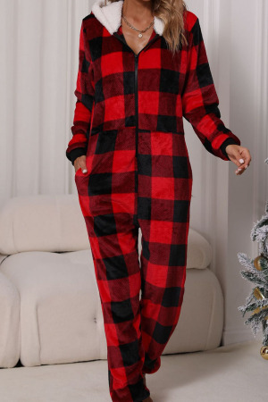 Red Casual Print Patchwork Zipper Hooded Collar Loose Jumpsuits