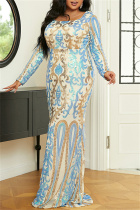 Blue Formal Patchwork Sequins U Neck Evening Dress Plus Size Dresses